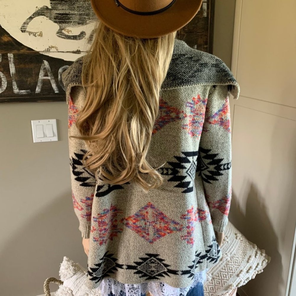New Tribal Aztec Grey Shawl Collar Cardigan Sweater